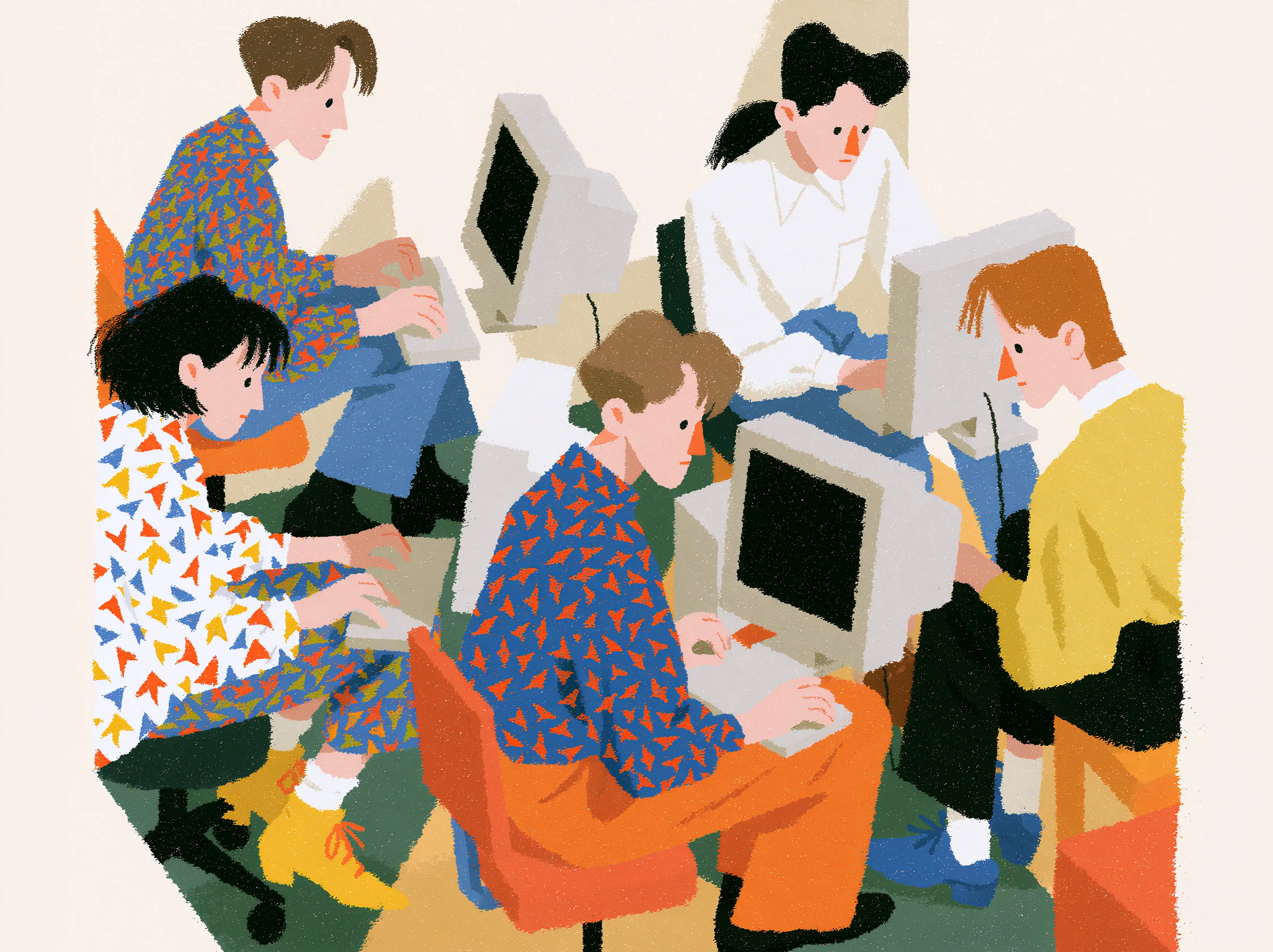 Illustration of young adults working together at computers in a training classroom