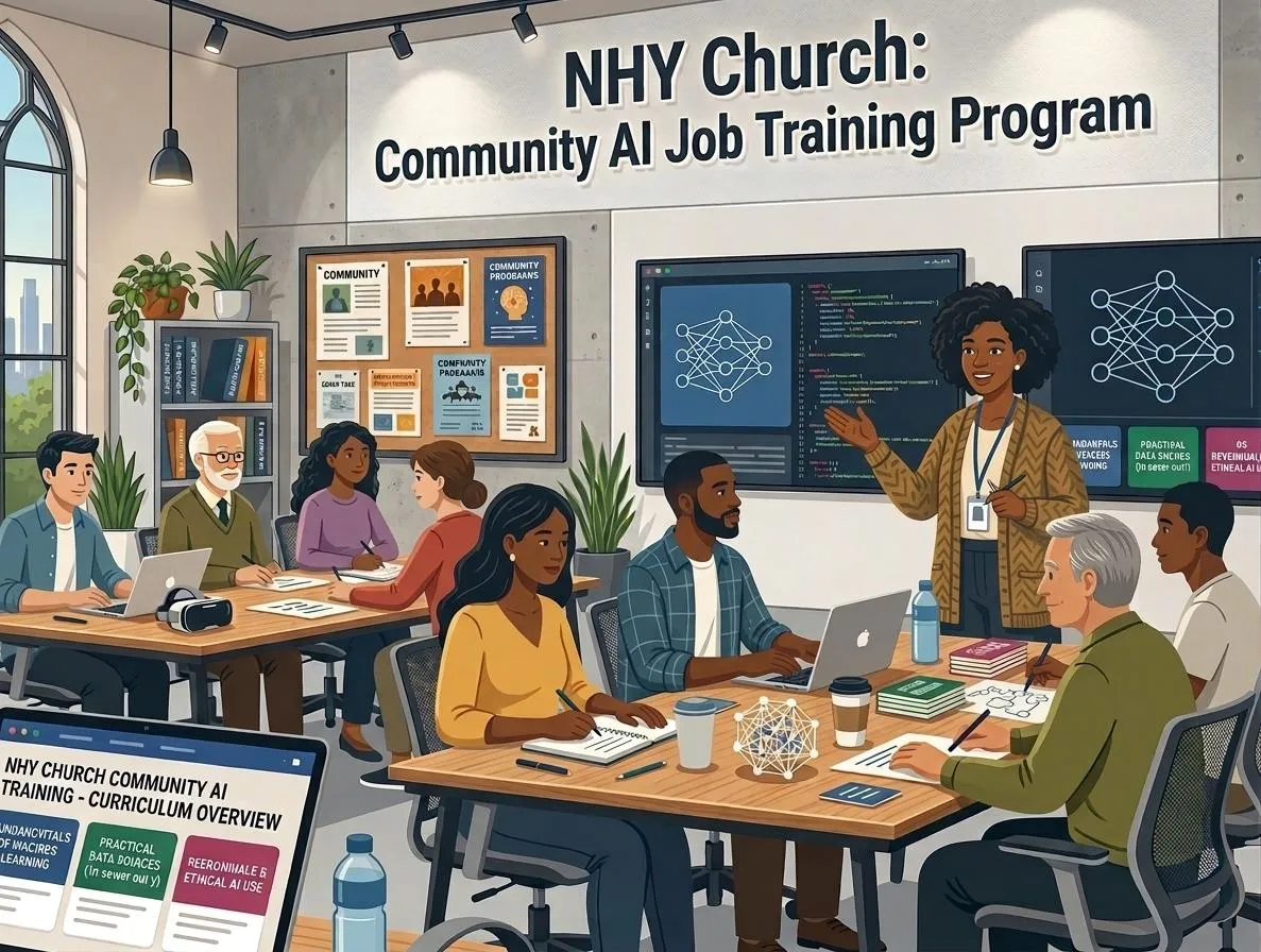 Illustration of a classroom at NHY Church where adults of different ages learn at laptops while an instructor teaches in front of screens showing code and neural-network diagrams