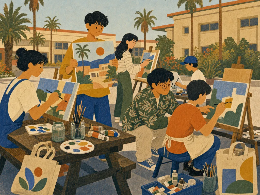 Illustration of young artists teaching teenagers to paint with acrylics at easels and picnic tables in a sunny school courtyard with palm trees